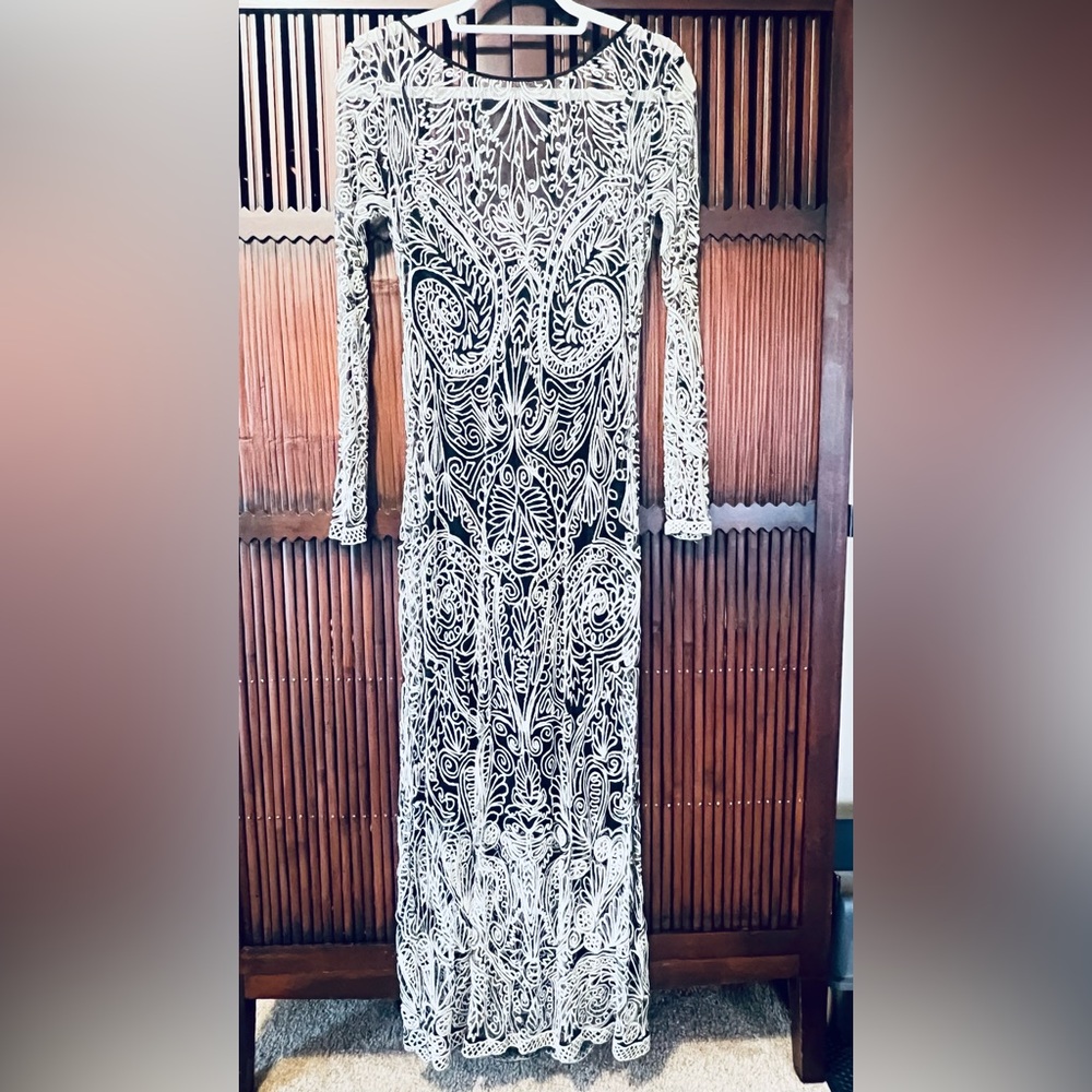 Free People Black and White Embroidered Long Sleeve Dress/Black Slip